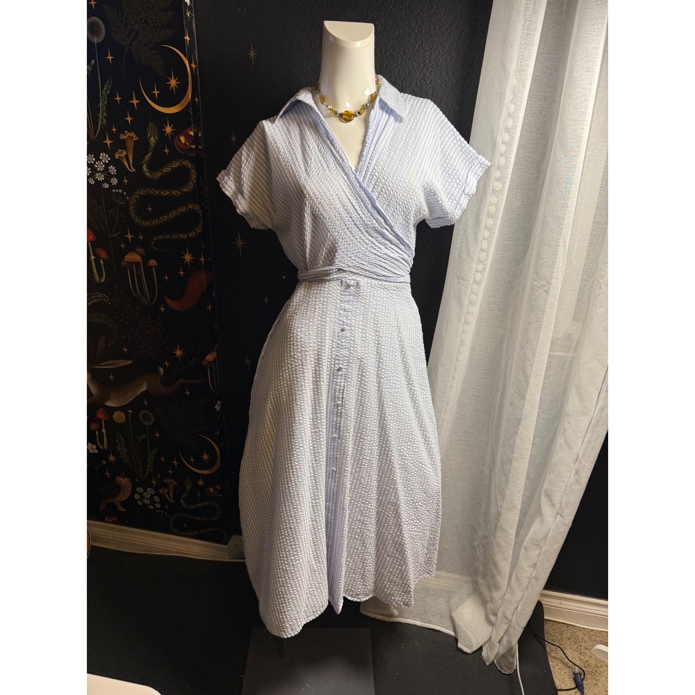 Indigo Rose Seersucker Wrap Midi Dress Blue White Striped Petite Large PL